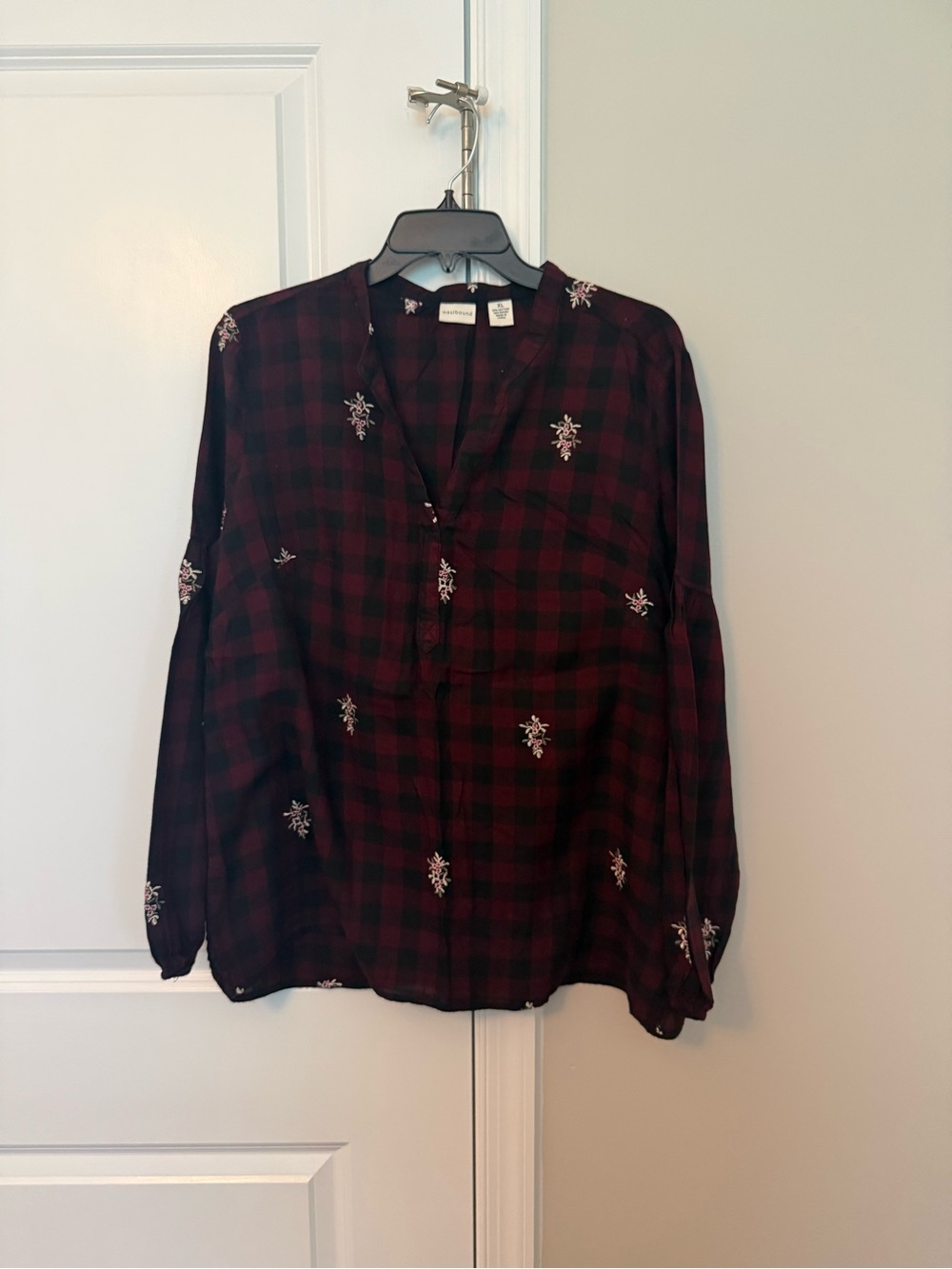 Westbound Burgundy Plaid Embroidered V-Neck Blouse